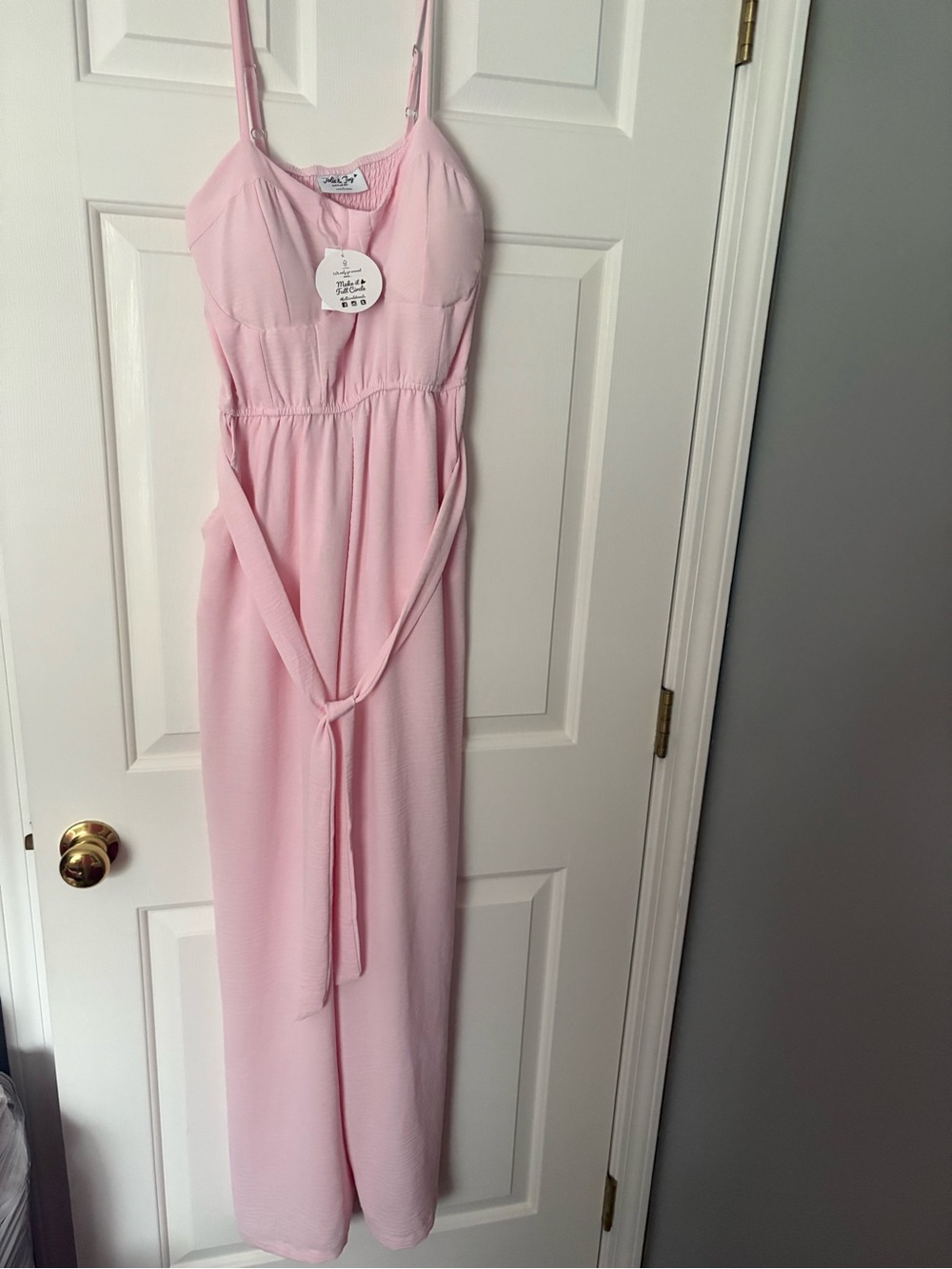 Rainbow Pale Pink Spaghetti-Strap Formal Jumpsuit with Waist Tie